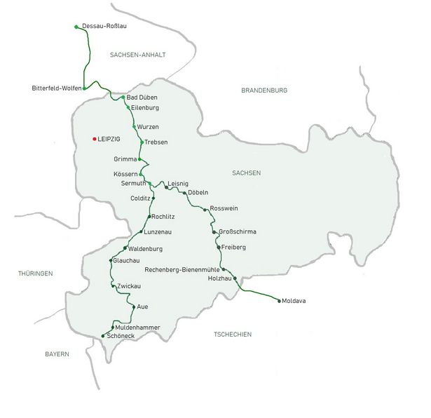 Verlauf der Mulde und des Mulderadwegs auf einer Sachsenkarte
