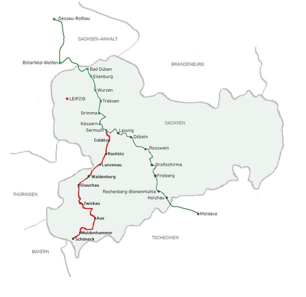 Verlauf der Zwickauer Mulde und des Mulderadwegs auf einer Sachsenkarte