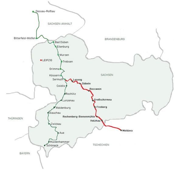 Verlauf der Freiberger Mulde und des Mulderadwegs auf einer Sachsenkarte